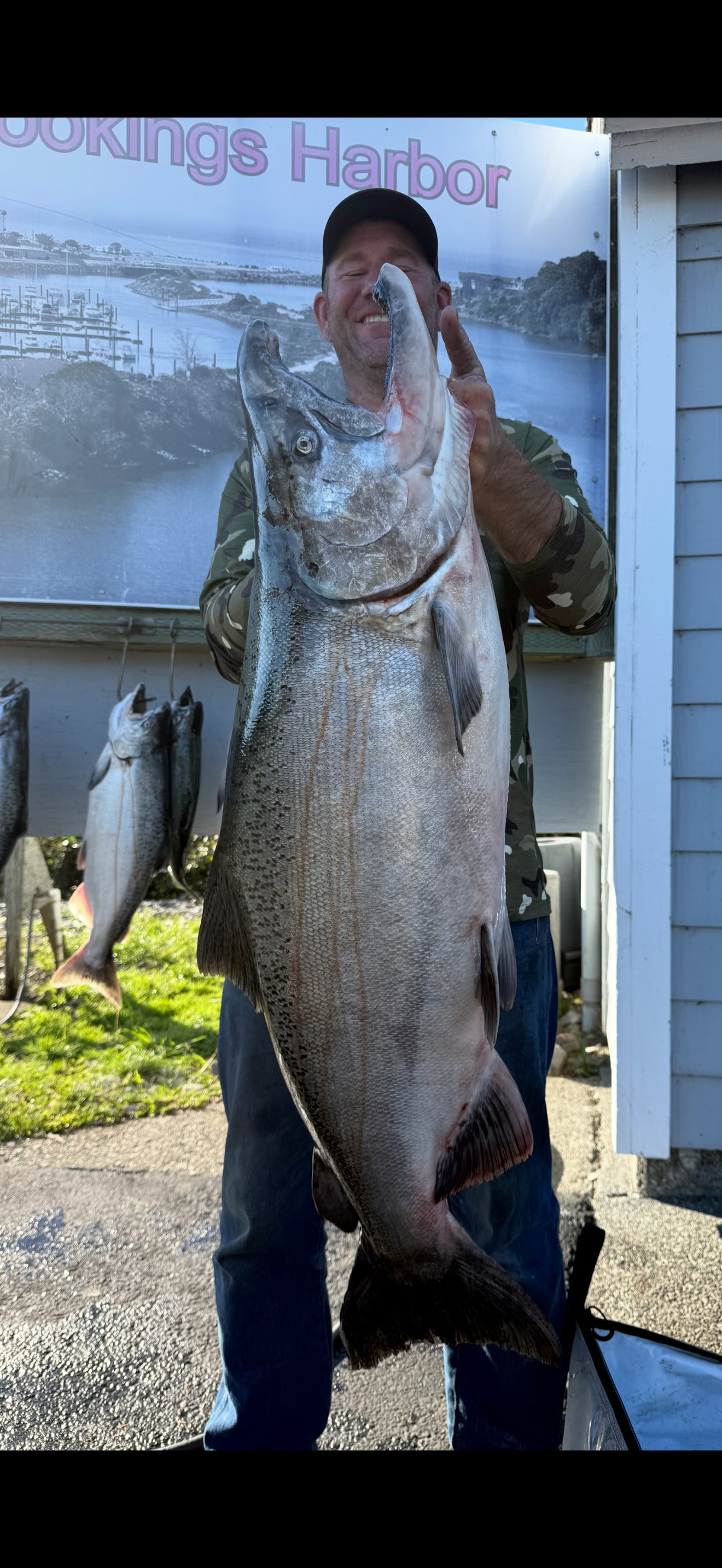 Angler holding a large Chinook salmon at the harbor